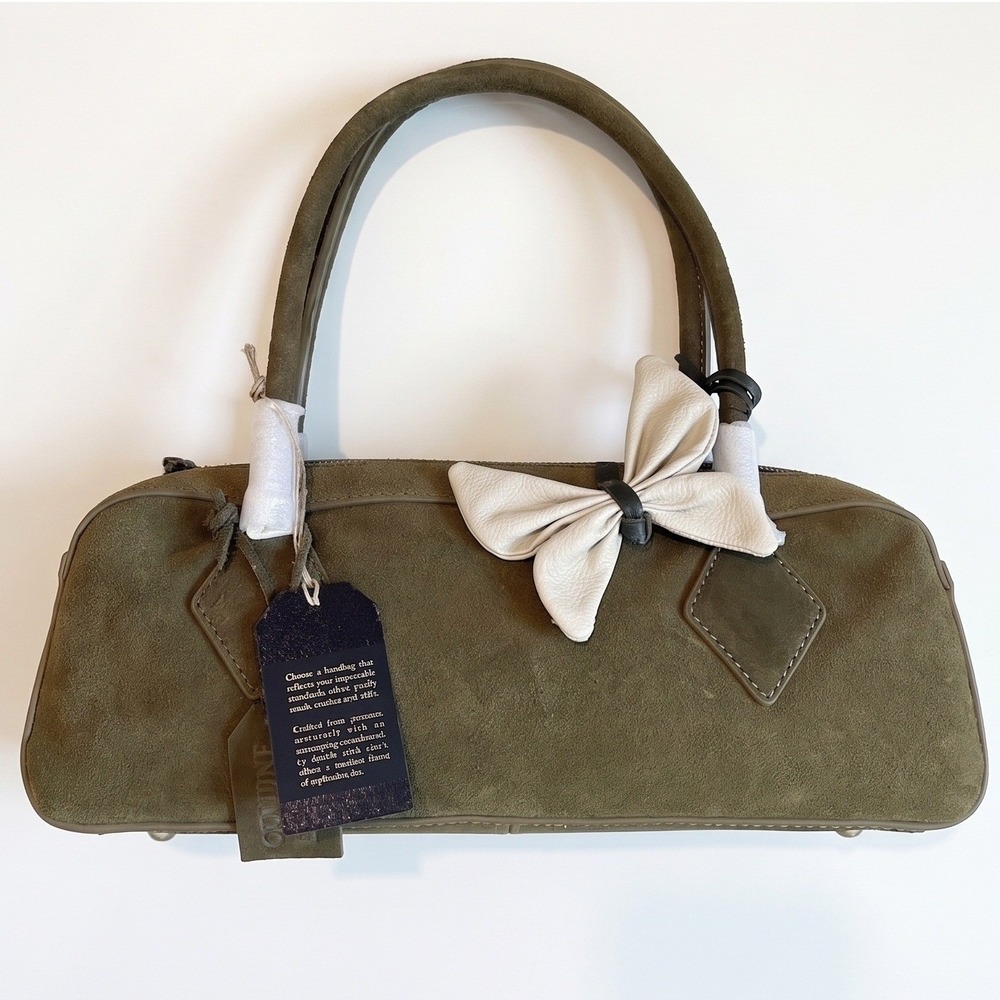NEW Olive Green Suede East West Shoulder Bag Baguette Butterfly Bow Accent Y2K